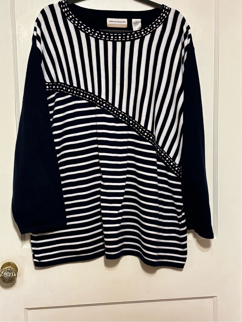Alfred Dunner Navy and White Striped Scoop Neck Sweater with Diagonal Accent